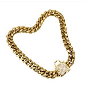 Dog Wide Cuban Link Stainless Pet Chain Gold Tone Collar Necklace Pet Accessory